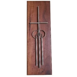 vintage concordia mcm mid century marriage cross wall plaque wood brass 12"×4"